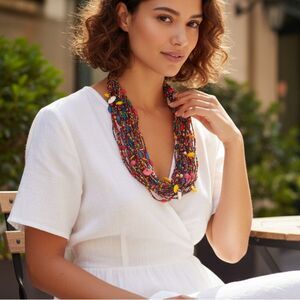 Vintage Multicolor Multi-Strand Beaded Necklace with Wood Accents